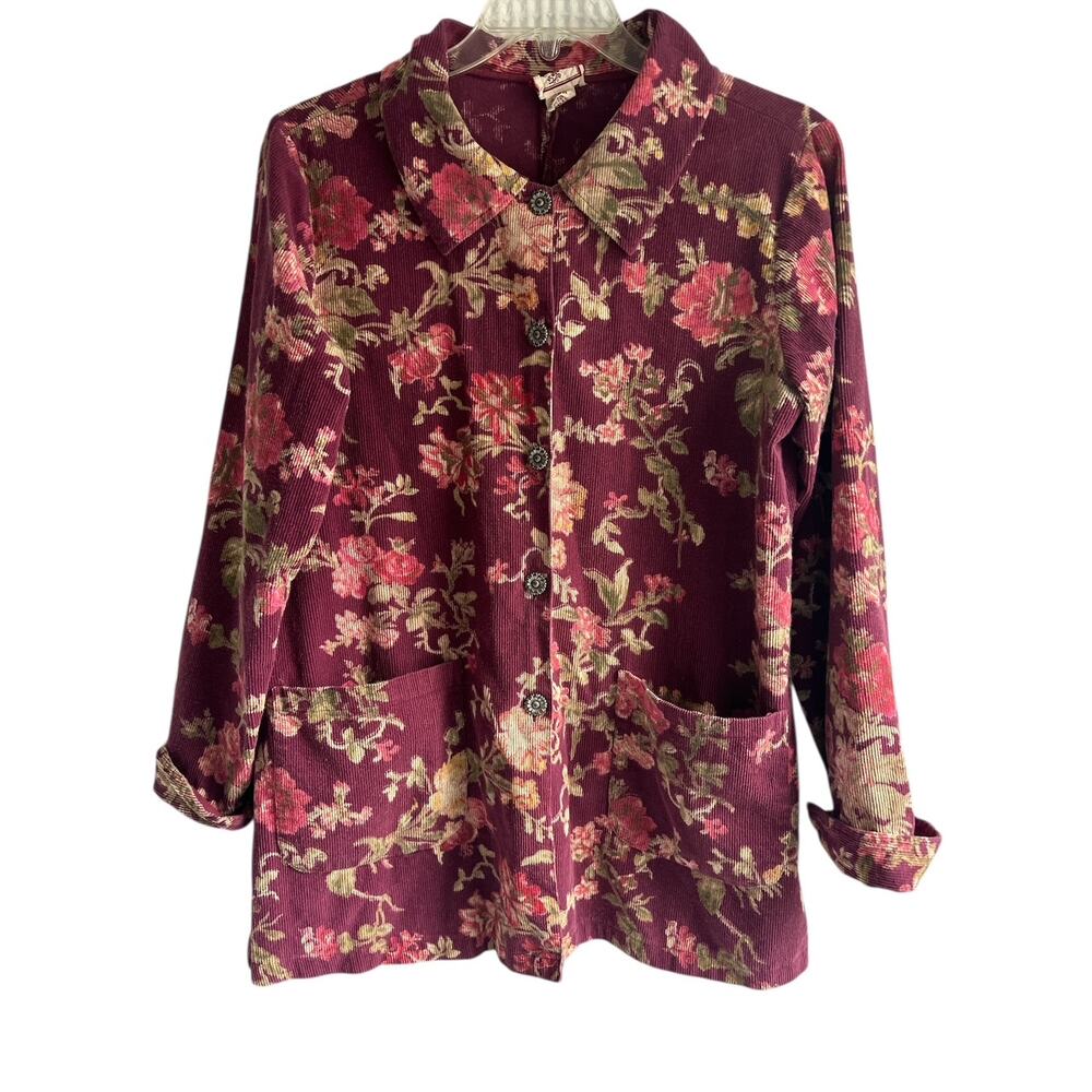 VTG April Cornell Medium 100% Cotton Corduroy Floral Shacket Sunflower Buttons